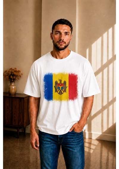 Sngl Tekstil Erkek Oversize Moldova Bayrak Baskılı Kısa Kollu Tişört S M L Xl 2xl Beyaz