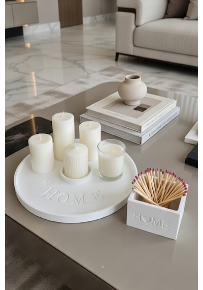 25 Cm Özel Tasarım "home" Temalı Yuvarlak Dekoratif Tepsi / Mum Tepsisi / Biblo Tepsisi Beyaz