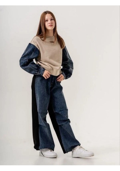 Kız Çocuk Mevsimlik Denim Kol 3 İplik Sweatshirt-14774 Kahverengi