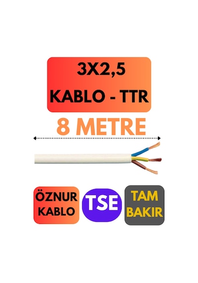 Öznur 3x2,5 Ttr Kablo Metre Seçenekli Beyaz - 8 Metre