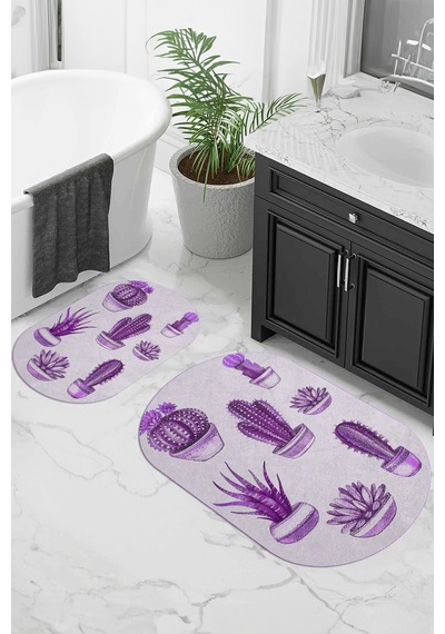 Buççin Online Mağaza Baskılı Kaymaz Taban Yıkanabilir Kaktüs Desen Oval Banyo Paspası 2'li Klozet Takımı Polyester Çok Re Çok Renkli