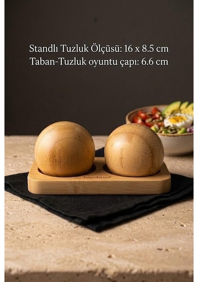 Bambu Stantlı 2'li Küre Tuzluk Biberlik Seti 16x8.5 Cm - Doğal Yuvarlak Top Bambu Baharatlık Takımı Beyaz - Kahverengi