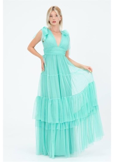 Dip Moda Kadın Kırmızı Korsajlı V Yaka Tül Abiye Elbise Dpnbs9271 Mint