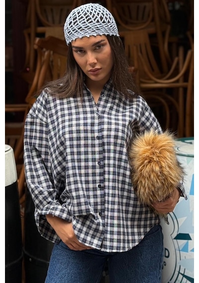 Madmext Lacivert Oversize Kareli Kadın Gömlek Mg2822