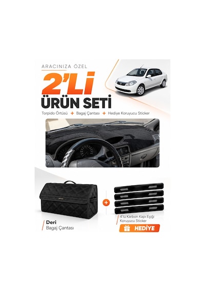 E-biz Renault Symbol Airbagli 2008-2011 Uyumlu Torpido Örtüsü + Deri Bagaj Çantası - Siyah - Re030