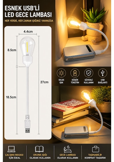 Esnek Usb'li Led Gece Lambası Çalışma Okuma Masa Lambası Powerbank Uyumlu Taşınabilir Ultra Hafif Beyaz