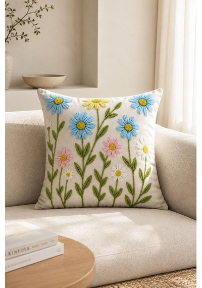 4'lü Set Çiçekli Dekoratif Kırlent Kılıfı 43x43 Cm, 3d Efektli Dijital Baskı - Mavi Çiçek Bahçesi Çok Renkli