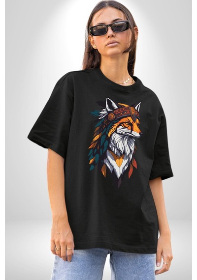 Kızılderili Tilki Pamuklu Bisiklet Yaka Unisex Oversize Boyfriend Dijital Baskılı Siyah T-shirt Siyah