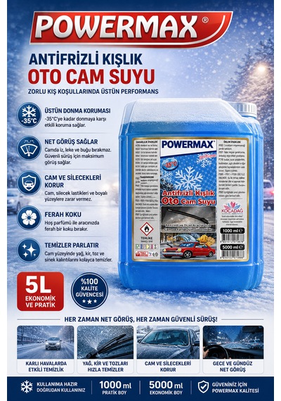 Powermax Antifrizli Kışlık Cam Suyu 5l Soğuk Havalarda Etkili Cam Temizliği