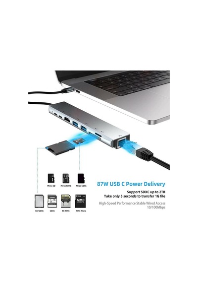 Type C To Hdmi Usb 3.0 8in1 Kart Okuyucu Rj45 Ethernet Çevirici