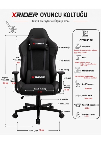 Xrider Bone Model 140 Yatan, Kumaş Oyuncu Koltuğu Siyah