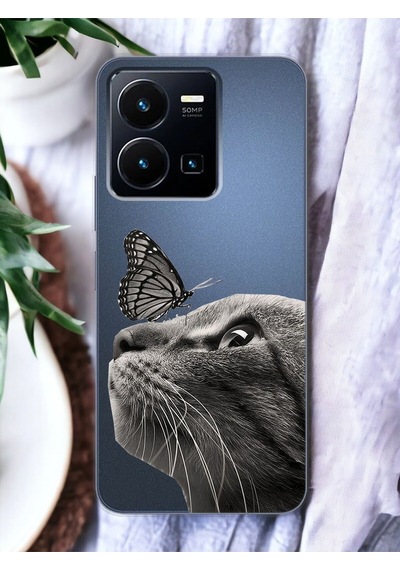 Vivo Y35 Kelebek Kedi Tasarımlı Şeffaf Telefon Kılıfı Çok Renkli