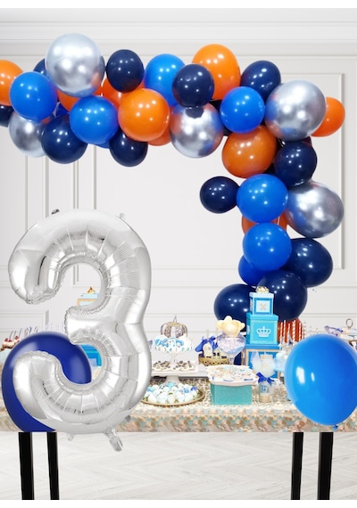 3 Yaş Kozmik Temalı Doğum Günü Seti Kozmik Mavi Turuncu Gümüş Mavi Balonlar Gümüş Folyo Rakam Çok Renkli