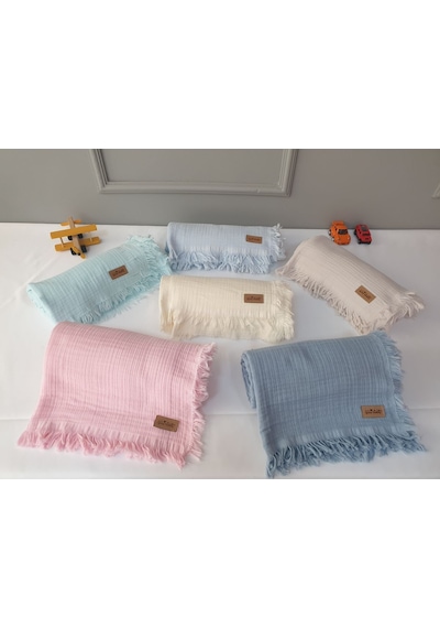 4 Katlı Müslin Bebek Battaniyesi - Püsküllü - 130x140 Cm - Bebe Mavi
