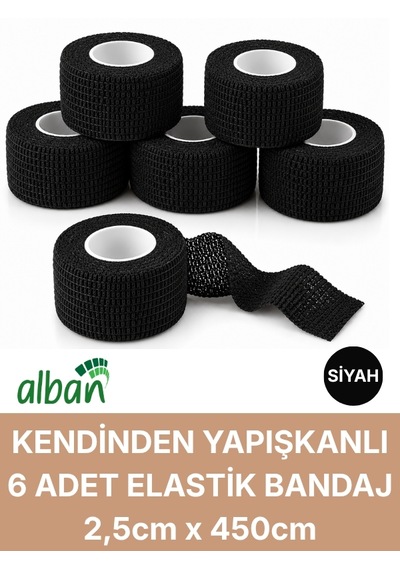 2,5cm 6'lı Set Kendinden Yapışkanlı Elastik Bandaj, Kohesiv Bandaj 2,5cm X 4.5m Spor, Bilek, Ayak Bileği, Veteriner Bandajı Siyah