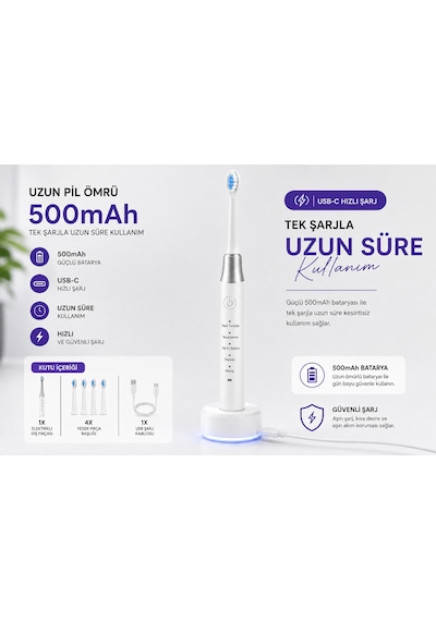 Ahm Elektrikli Diş Fırçası 15000 Vpm 5 Modlu Ipx7 Su Geçirmez Şarjlı Sonic Diş Fırçası 500mah 4 Yedek Başlıklı
