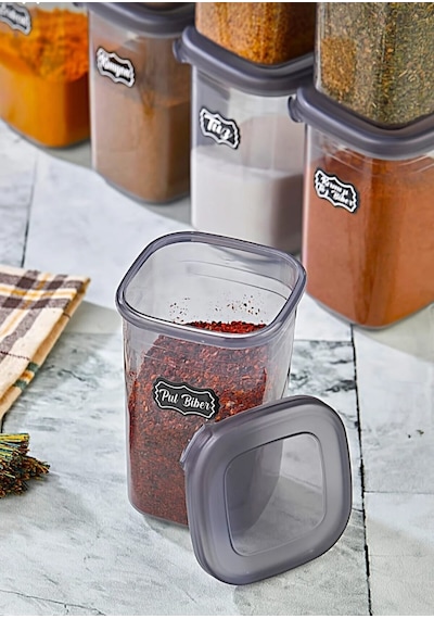 12'li Etiketli Ve Sızdırmaz Kapaklı Baharatlık Seti 450ml 25 Adet Etiket Hediyeli Gri
