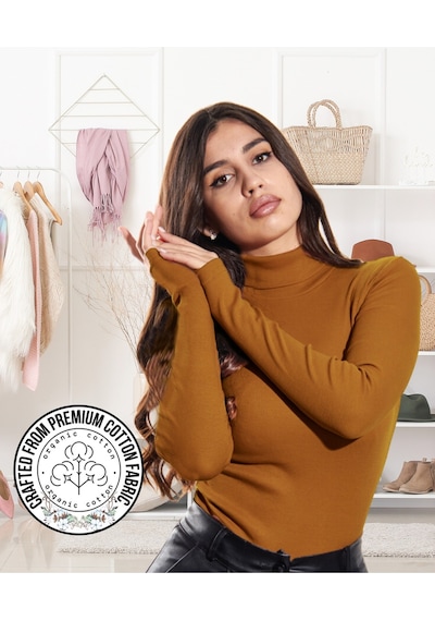 Alya Underwear Kaşkorse Tam Boğazlı Body Sweatshirt, Fitilli Kumaş, Likralı, Gül Kurusu Açık Kahve
