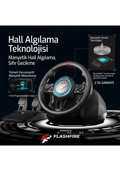 Flashfire F118 270 Titreşimli Yarış Direksiyon Seti Hall Sensör, Kulakçıklı Vites, 2 Pedallı Pc / Ps4 / Ps3 / Xbox Series X S / Switch Uyumlu