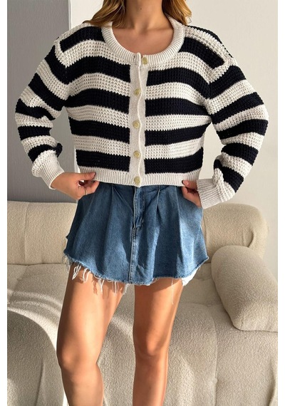 Noa & Noa Kadın Altın Düğmeli Çizgili Triko Hırka Yumuşak Dokulu & Oversize Kesim Ekru