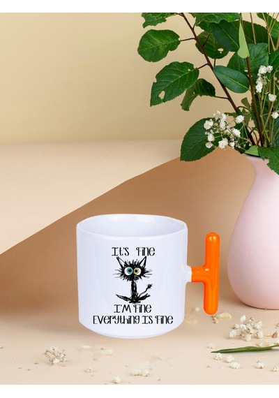 Deepcraft İyiyim Her Şey Yolunda Kedi T Kulplu Kupa Yılbaşı,sevgililer Günü, Hediyelik Kupa 185ml Beyaz