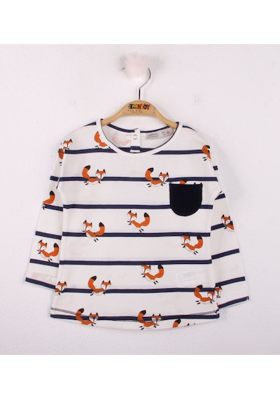 Toontoy Kids Toontoy Kız Bebek T-shirt Çizgili Cepli Tilki Baskı Ekru
