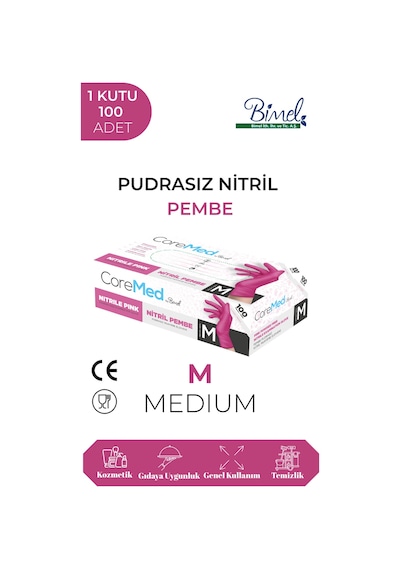 Pembe Nitril Pudrasız Eldiven 100 Lü Medium