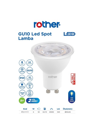 Rtl11111-5 Rother Gu10 Led Spot Ampul 6w 540 Lümen 4000k Gün Işığı Enerji Tasarruflu Ampul 5 Adet