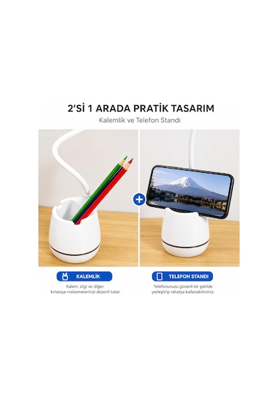 Masa Lambası Şarjlı Dokunmatik 24 Led Li, 3 Renk Modlu Ayarlanabilir Işık, Usb Şarjlı, Esnek Gö Beyaz