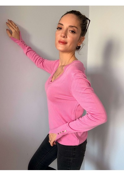 Ali Butik Pembe V Yaka Kol Detaylı Triko Pembe