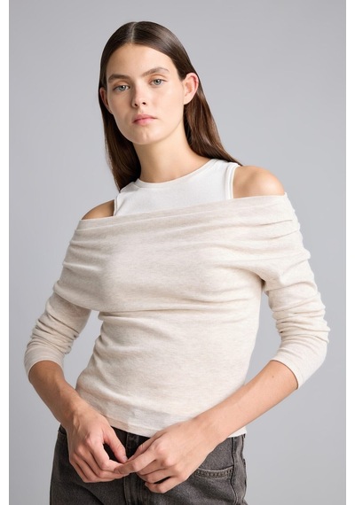 Defacto %100 Pamuk Slim Fit Tek Omuzlu Drape Detaylı Ribana Uzun Kollu Basic Tişört I2636ax26aubg354 Bej-bg354