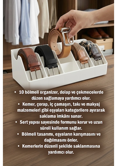 10 Bölmeli Kemer Organizer, Çorap, Kravat, Takı, Makyaj, Çekmece, Dolap İçi Depolama beyaz