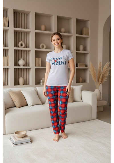 Desenli Süprem Kısa Kollu Kadın Pijama Takımı Gri