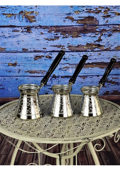 Ahşap Saplı Nikelli Üçlü Bakır Cezve Takımı