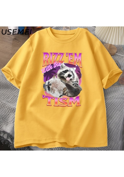 Flood Of Style Rizz Em Tism İle Retro Tişört Adam Komik Rakun Grafik T-shirt Unisex Opossum T Shirt Kadın Er Sarı