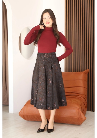 Lodmela Baskılı Ve Payetli Kadife Kloş Etek 6070-kahve/indigo Kahve/indigo