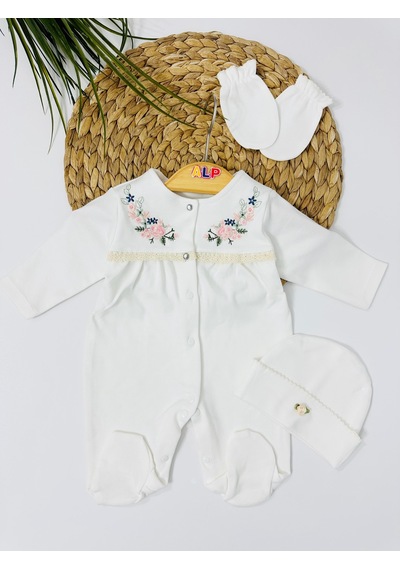 Alpbebe Sıra Çiçek Nakışlı Tulum Set - Krem Krem