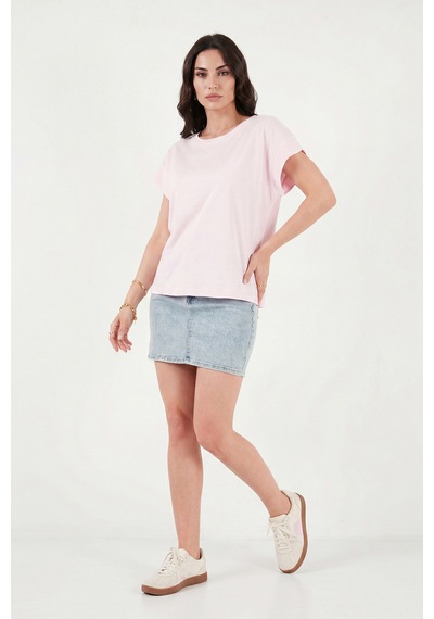 Lela Pamuklu Rahat Kalıp Bisiklet Yaka T Shirt Bayan T Shirt 5866955 Pembe