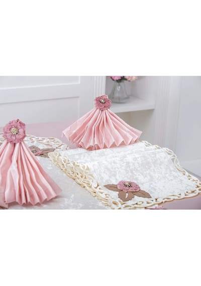 Afife Kadife Krem Pudra Sofra Takımı 8 Kişilik 160x230 Cm 34 Parça -1426 Çok Renkli