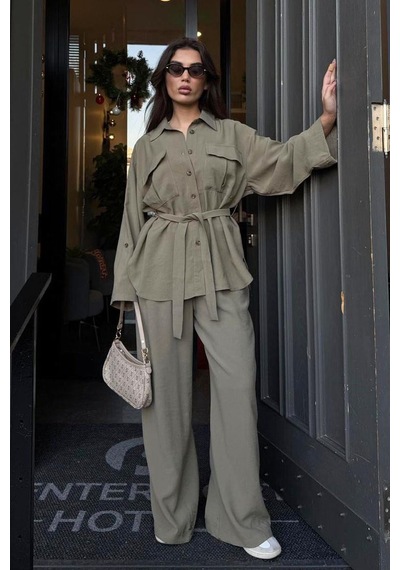 Seeh Haki Uzun Kollu Oversize Kadın Takım Sh338 Standart