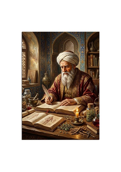 Kitap Yazarken Sarıklı Yaşlı Alim Dekoratif Kanvas - Mdf Ahşap Tablo Çok Renkli