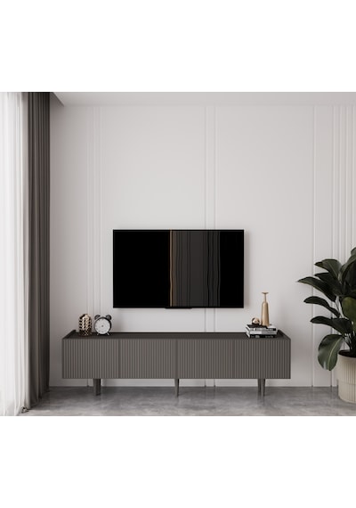 Capella Gri Mdf Country 4 Kapak Ahşap Ayaklı 160 Cm Tv Ünitesi