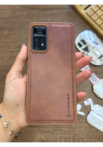 Redmi Note 11 Pro 4g Uyumlu Premium Deri Dokulu Darbelere Karşı Dayanıklı Nazal Silikon Kılıf Kahverengi