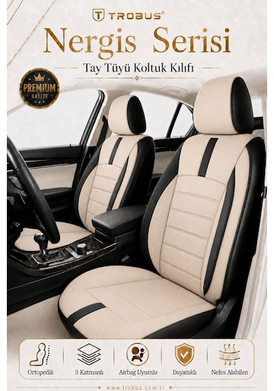 Renault Clio 5 2020 Ve Sonrası Uyumlu Nergis Serisi Bej Siyah Oto Koltuk Kılıfı