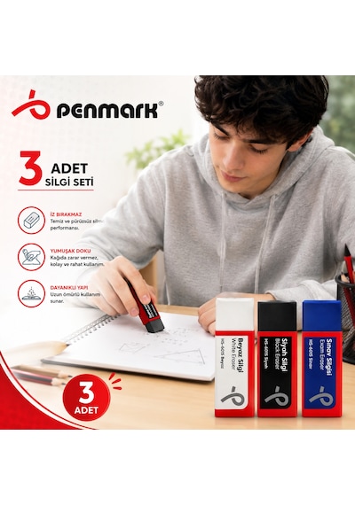 Penmark Silgi Seti 3 Adet Sınav Silgisi,siyah Silgi,beyaz Silgi 3 Adet Yumaşak İz Bırakmaz Silgi