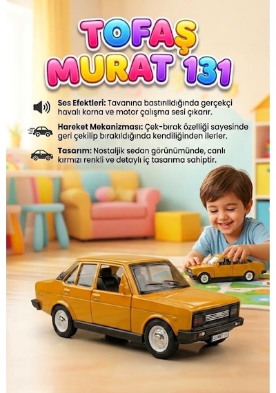 Nostaljik Tofaş Murat 131 Oyuncak Araba Işıklı, Çek-bırak Mekanizmalı Oyuncak Araba Sarı