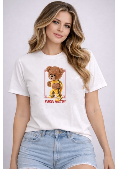 Herkesemoda Kungfu Master Baskı Detaylı Basic T-shirt Beyaz
