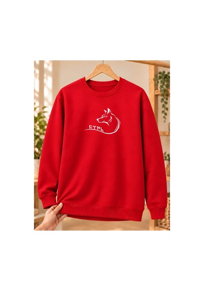 Mor Mürekkep Kadın Bozkurt Profili Ve Kavisli Göktürk Yazısı Baskılı Bisiklet Yaka Sweatshirt - Kırmızı