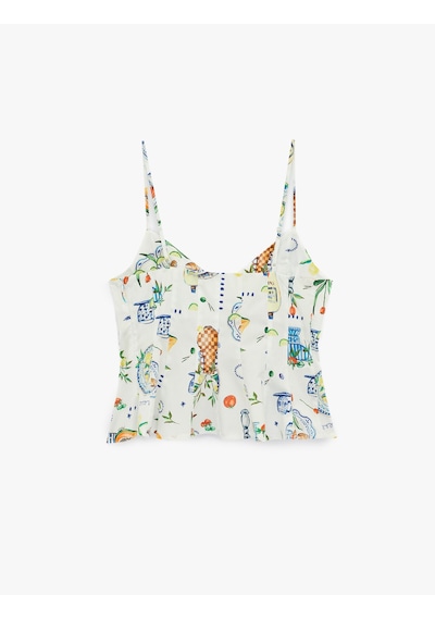 Koton Koton X Şahika Ercümen - Pamuklu Amalfi Temalı Meyve Baskılı İnce Askılı Peplum Bluz Mavi Desenli 6sak30081ew