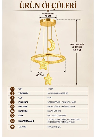 Modern Premium Gold Ay Yıldız 3 Renkli Ledli Sarkıt Avizesi Çocuk Genç Bebek Odası Modelleri 84w Beyaz